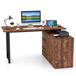 Costway L-Shaped Desk 138 cm Reversible Corner Computer Desk-Coffee in Brown