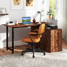 Costway L-Shaped Desk 138 cm Reversible Corner Computer Desk-Coffee in Brown - thumbnail 2
