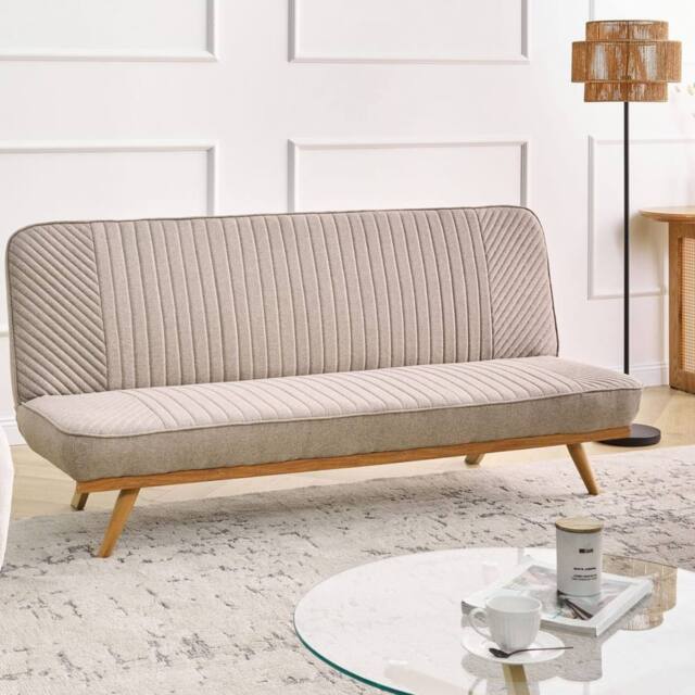 Wyld and Coco 2 Seater Sofa Bed Light Brown Woven Fabric Tufted Backrest Wood - image 1