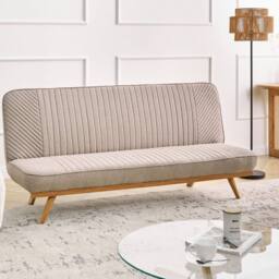 Wyld and Coco 2 Seater Sofa Bed Light Brown Woven Fabric Tufted Backrest Wood