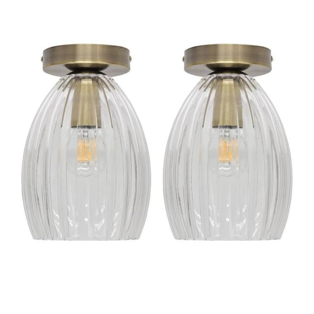 First Choice Lighting Set of 2 Birch - Fluted Glass Antique Brass Ceiling Light Fittings in Clear - image 1