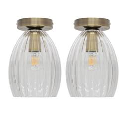First Choice Lighting Set of 2 Birch - Fluted Glass Antique Brass Ceiling Light Fittings in Clear - thumbnail 1
