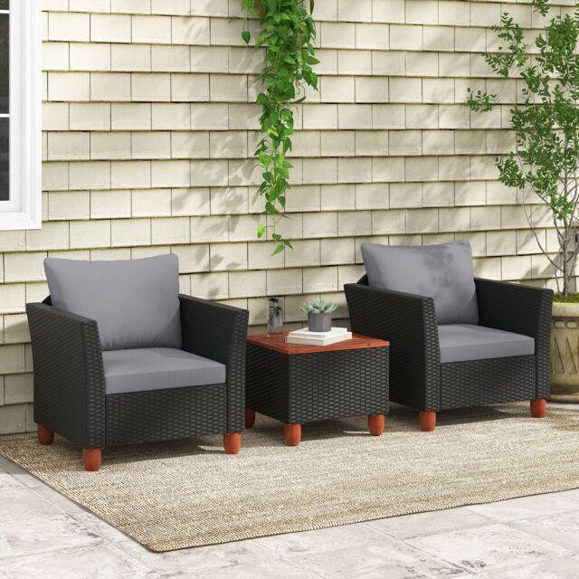 Costway 3 Pieces Patio Furniture Set Garden PE Rattan Chairs Conversation Set w/ Storage Table in Grey