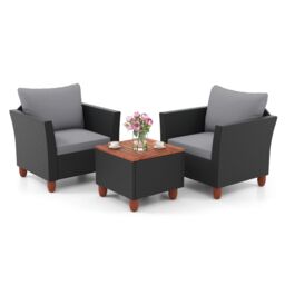Costway 3 Pieces Patio Furniture Set Garden PE Rattan Chairs Conversation Set w/ Storage Table in Grey - thumbnail 5
