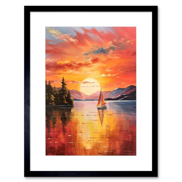 Artery8 Wall Art Print Serene Lake Sunset Sailing Vibrant Oil Painting Sail Boat Lakeside Mountain Landscape Artwork Framed 9X7 Inch - image 1