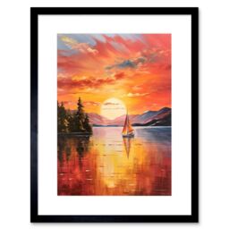 Artery8 Wall Art Print Serene Lake Sunset Sailing Vibrant Oil Painting Sail Boat Lakeside Mountain Landscape Artwork Framed 9X7 Inch - thumbnail 1