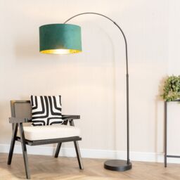 ValueLights Louis Black Arched Floor Lamp with Velvet Drum Metallic Gold Inner Shade & Bulb in Bottle Green - thumbnail 1