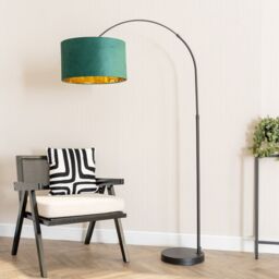 ValueLights Louis Black Arched Floor Lamp with Velvet Drum Metallic Gold Inner Shade & Bulb in Bottle Green - thumbnail 3