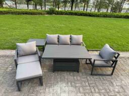 Fimous Aluminum 6-Piece 6-Seater Sofa Set with Lifting Table, 2 Chairs in Dark Grey - thumbnail 2