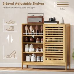 HOMCOM Bamboo Shoe Cabinet with 2 Sliding Slat Doors, 16 Pairs, Natural - thumbnail 5