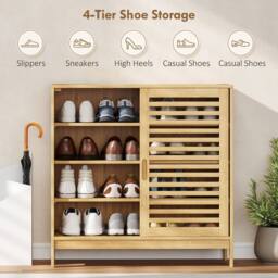 HOMCOM Bamboo Shoe Cabinet with 2 Sliding Slat Doors, 16 Pairs, Natural - thumbnail 4