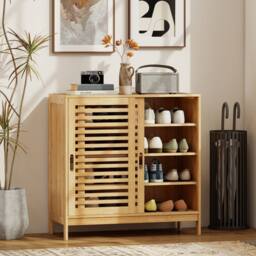 HOMCOM Bamboo Shoe Cabinet with 2 Sliding Slat Doors, 16 Pairs, Natural - thumbnail 1