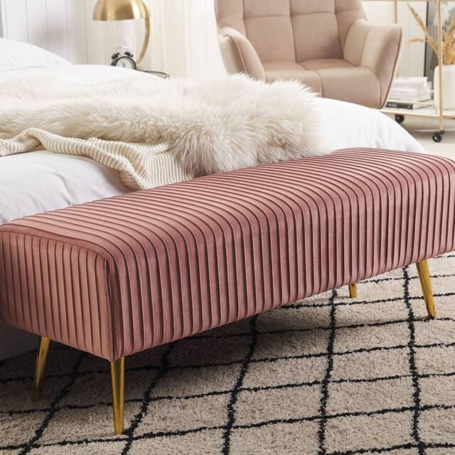 Wyld and Coco Pink Velvet Bench with Polished Gold Legs 118 x 40 cm - image 1