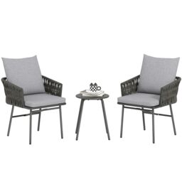 OUTSUNNY Rattan Bistro Set, Balcony Table & Chairs with 4 Cushions, Grey - Size: 2 Seater - thumbnail 2