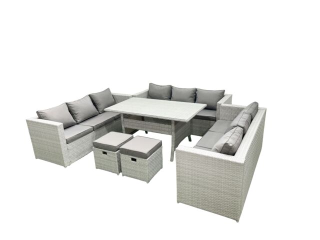 Fimous Rattan Garden Outdoor Furniture Set 11 Seater Garden Sofa Rectangulr Dining Table Set with 2 Small Footstool Light Grey Mixed - image 1