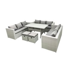 Fimous Rattan Garden Outdoor Furniture Set 11 Seater Garden Sofa Rectangulr Dining Table Set with 2 Small Footstool Light Grey Mixed - thumbnail 2