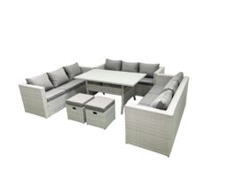 Fimous Rattan Garden Outdoor Furniture Set 11 Seater Garden Sofa Rectangulr Dining Table Set with 2 Small Footstool Light Grey Mixed - thumbnail 1