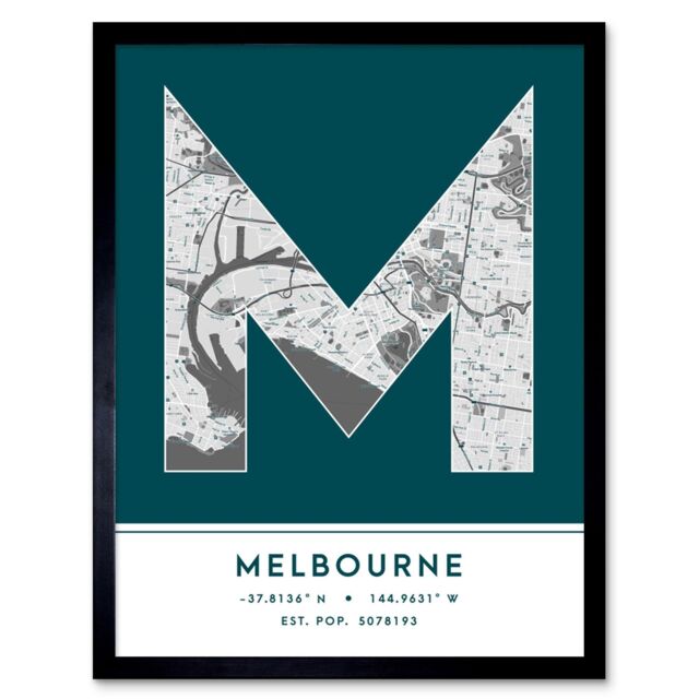 "Wee Blue Coo Wall Art Print Melbourne Australia City Map Modern Typography Stylish Letter Framed Word in Teal - Size: W12"" x H16""" - image 1
