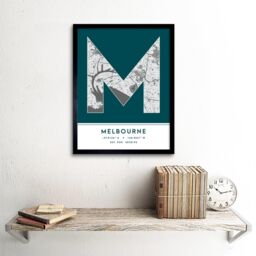"Wee Blue Coo Wall Art Print Melbourne Australia City Map Modern Typography Stylish Letter Framed Word in Teal - Size: W12"" x H16""" - thumbnail 2