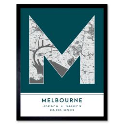 "Wee Blue Coo Wall Art Print Melbourne Australia City Map Modern Typography Stylish Letter Framed Word in Teal - Size: W12"" x H16""" - thumbnail 1