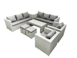 Fimous Outdoor Garden Furniture Rattan Sofa Set with 2 Armchairs Oblong Coffee Table 2 Small Footstools Light Grey Mixed - thumbnail 2