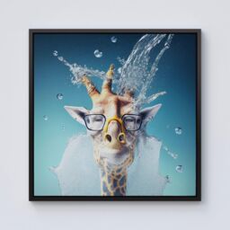 "Warren Reed - Designer Giraffe With Glasses Splashart Framed Canvas in Black - Size: W16"" x H16""" - thumbnail 1