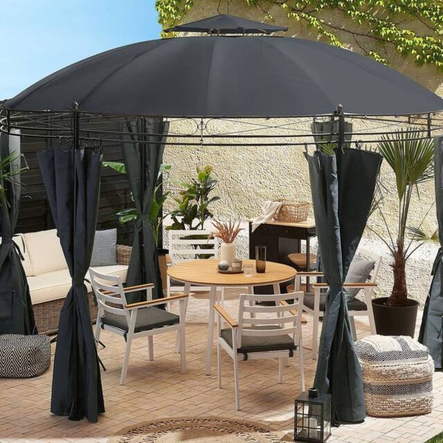 Wyld and Coco 368cm Round Gazebo Dark Grey Curtains Black Powder Coat Steel Frame - image 1