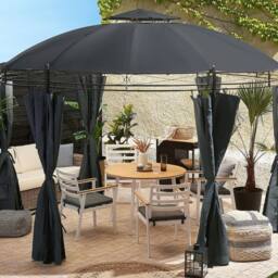Wyld and Coco 368cm Round Gazebo Dark Grey Curtains Black Powder Coat Steel Frame - thumbnail 1