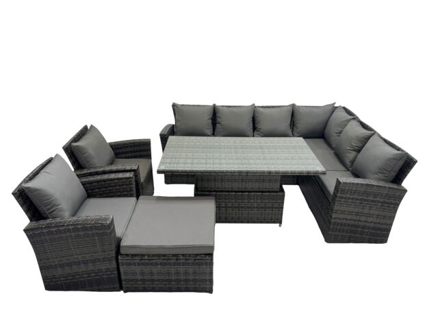 Fimous 9 Seat Rattan Garden Furniture Corner Sofa Set with Big Footstool in Dark Grey