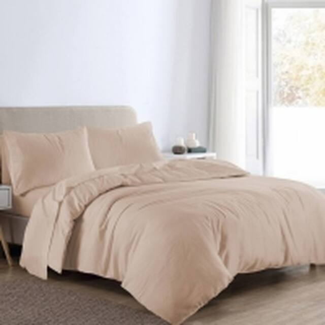 Homes-Linen Flannelette Plain Reversible Duvet Cover Set with Pillowcases in Beige - Size: Double - image 1