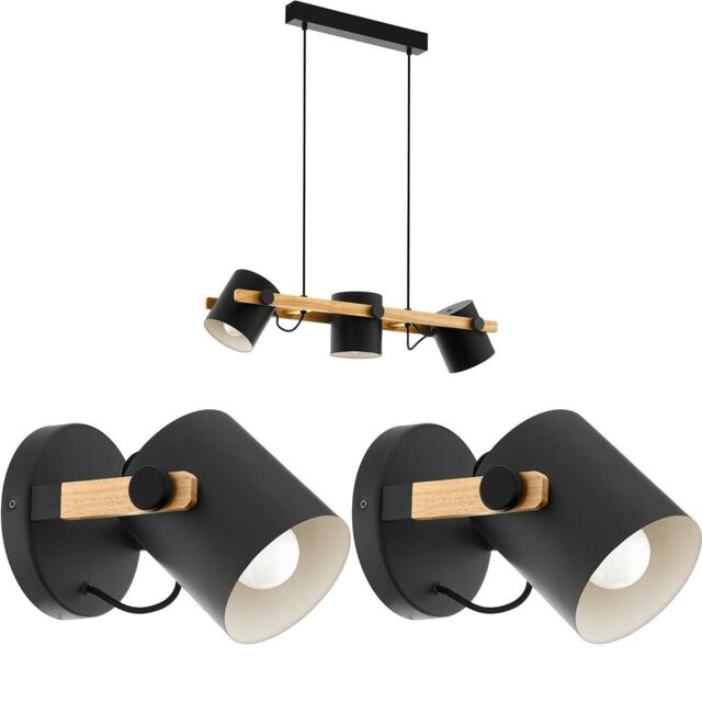 Loops Ceiling Pendant Light & 2x Matching Wall Lights Black & Wood Adjustable Shade - image 1