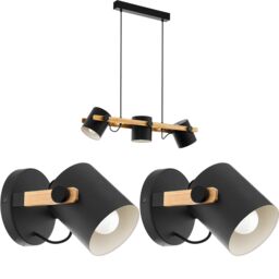 Loops Ceiling Pendant Light & 2x Matching Wall Lights Black & Wood Adjustable Shade - thumbnail 1