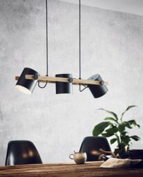 Loops Ceiling Pendant Light & 2x Matching Wall Lights Black & Wood Adjustable Shade - thumbnail 4