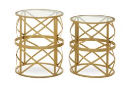 Orsina Set Of 2 Diamond Pattern Side Table, Round Bedside Table With Marble Top, Gold Metallic Nesting Table - thumbnail 2