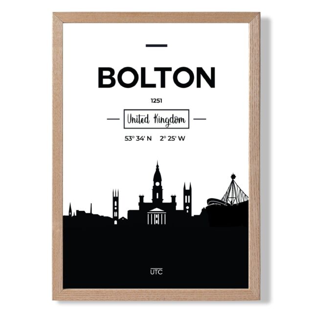 ARTZE Bolton Black & White City Skyline Framed Print SIZE: A2 with Oak Frame - Size: A4 - image 1