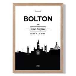 ARTZE Bolton Black & White City Skyline Framed Print SIZE: A2 with Oak Frame - Size: A4