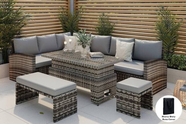 Furniture Maxi Rosen Rattan Garden Furniture 9 Seater Corner Sofa Rising Table Set With Benches & Rain Cover in Grey - image 1