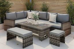 Furniture Maxi Rosen Rattan Garden Furniture 9 Seater Corner Sofa Rising Table Set With Benches & Rain Cover in Grey - thumbnail 2