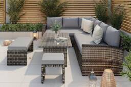 Furniture Maxi Rosen Rattan Garden Furniture 9 Seater Corner Sofa Rising Table Set With Benches & Rain Cover in Grey - thumbnail 4