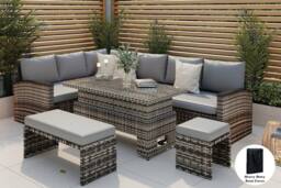 Furniture Maxi Rosen Rattan Garden Furniture 9 Seater Corner Sofa Rising Table Set With Benches & Rain Cover in Grey