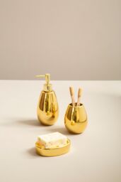Orsina Dolomite Gold 3 Piece Bathroom Set, Ceramic Bath Accessories Set, Lotion Dispenser, Tumbler, & Soap Dish - thumbnail 3