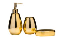 Orsina Dolomite Gold 3 Piece Bathroom Set, Ceramic Bath Accessories Set, Lotion Dispenser, Tumbler, & Soap Dish - thumbnail 1