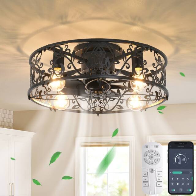 NIVOR Industrial Caged Ceiling Fan Light Low Profile Flush Mount Remote in Black - image 1