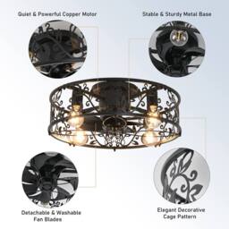 NIVOR Industrial Caged Ceiling Fan Light Low Profile Flush Mount Remote in Black - thumbnail 9