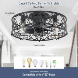 NIVOR Industrial Caged Ceiling Fan Light Low Profile Flush Mount Remote in Black - thumbnail 2