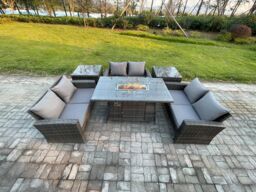Fimous High Back Rattan Garden Furniture Sofa Sets with Outdoor Furniture Gas Firepit Dining Table Set 2 Side Tables Dark Grey Mixed - thumbnail 1