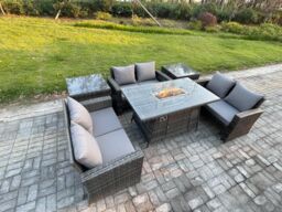 Fimous High Back Rattan Garden Furniture Sofa Sets with Outdoor Furniture Gas Firepit Dining Table Set 2 Side Tables Dark Grey Mixed - thumbnail 2