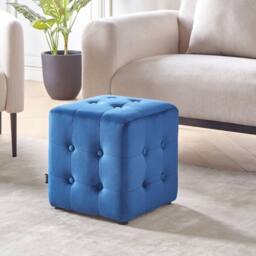 Wyld and Coco Blue Velvet Button Tufted Cube Pouffe Versatile Footstool