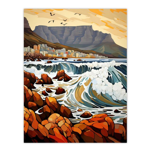 "Artery8 Wall Art Print Cape Town Cityscape under Table Mountain Stylised Painting Poster - Size: W18"" x H24""" - image 1