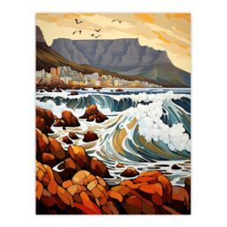 "Artery8 Wall Art Print Cape Town Cityscape under Table Mountain Stylised Painting Poster - Size: W18"" x H24""" - thumbnail 1